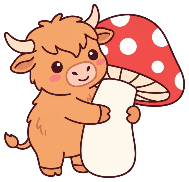 Cute highland cow hugging a large red mushroom with white spots