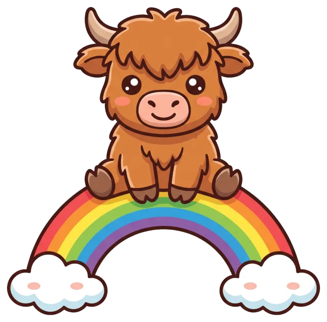 Cute highland cow sitting on a colorful rainbow with clouds