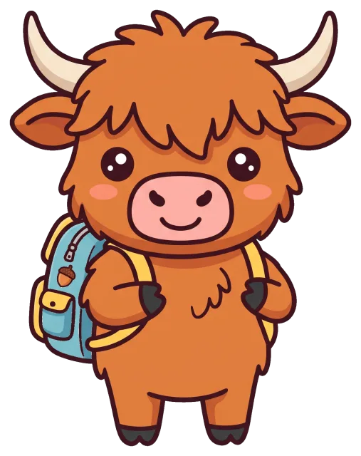 Cute Highland Cow Wearing Backpack Cartoon
