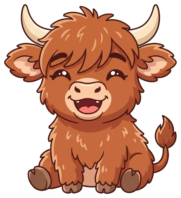Cute smiling cartoon highland cow sitting