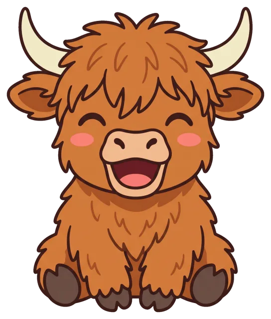 Cute smiling highland cow with fluffy hair