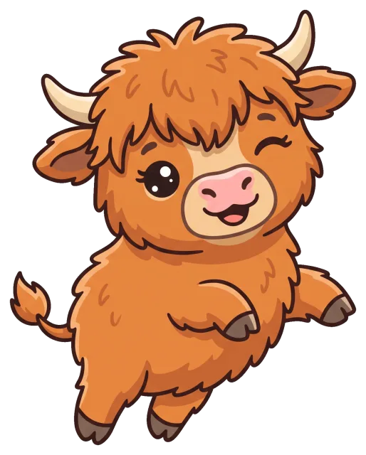 Cute winking highland cow with fluffy fur