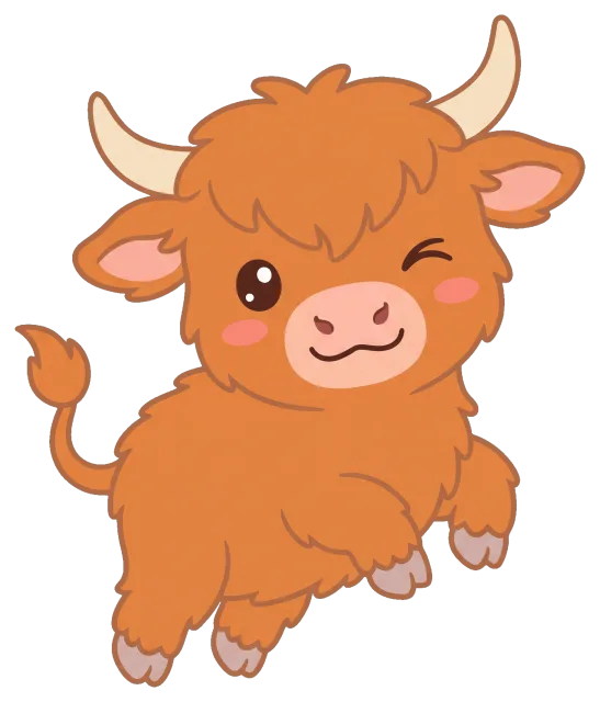 Cute winking highland cow with fluffy orange fur