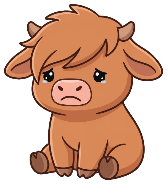 Sad cartoon highland cow sitting with tears