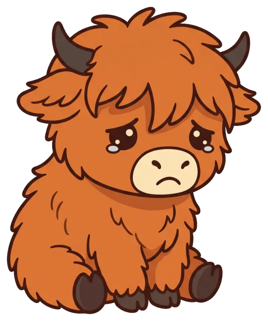 Sad sitting highland cow with tears and fluffy fur