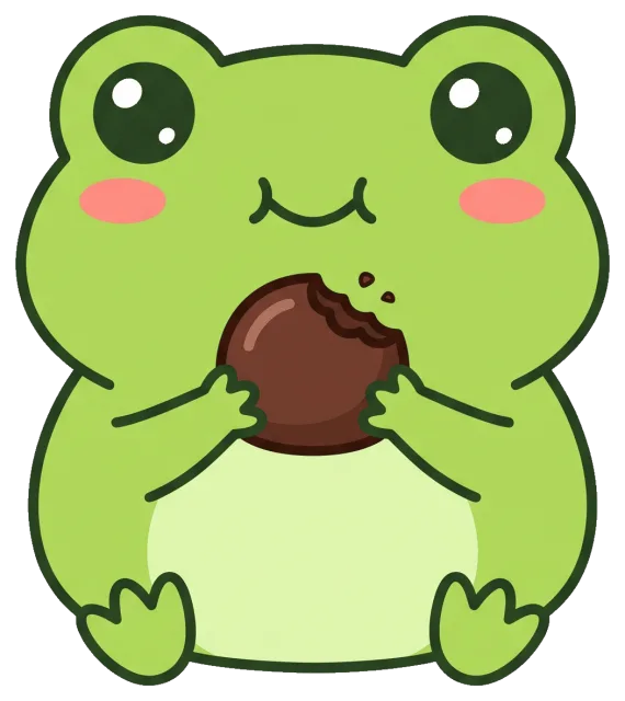 Cute cartoon frog eating a chocolate cookie