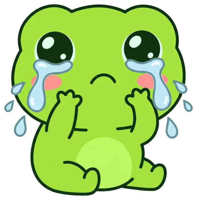 Cute crying frog with big teary eyes and pink cheeks