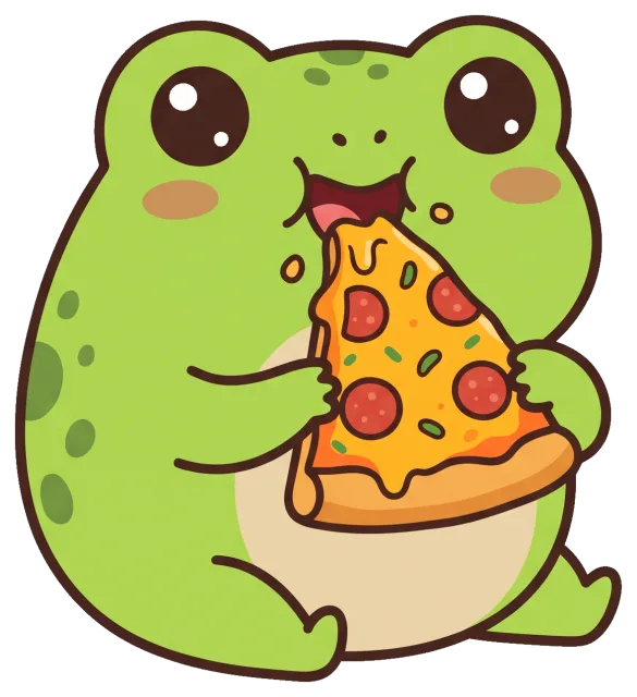 Cute frog happily eating a slice of pepperoni pizza