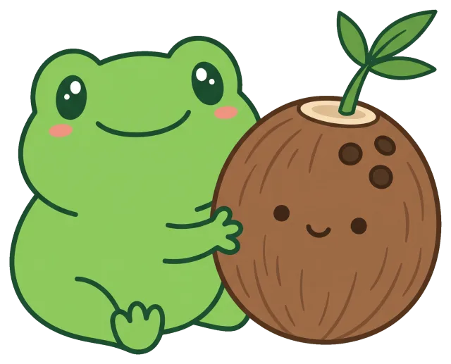 Cute frog hugging a smiling coconut with a small plant