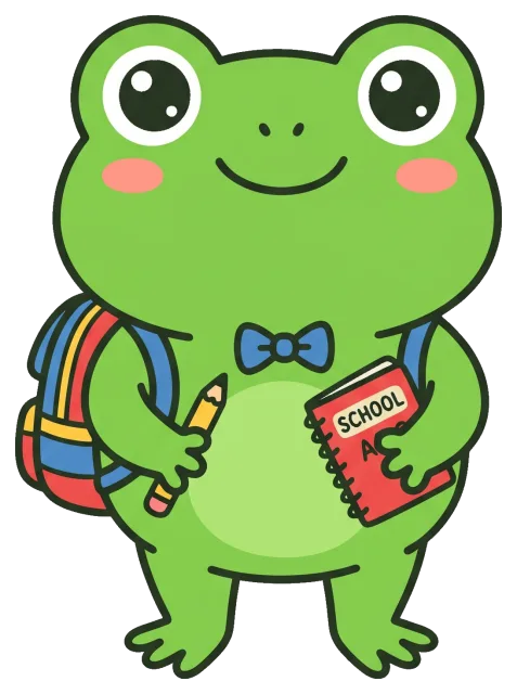 Cute frog student with backpack holding pencil and school book