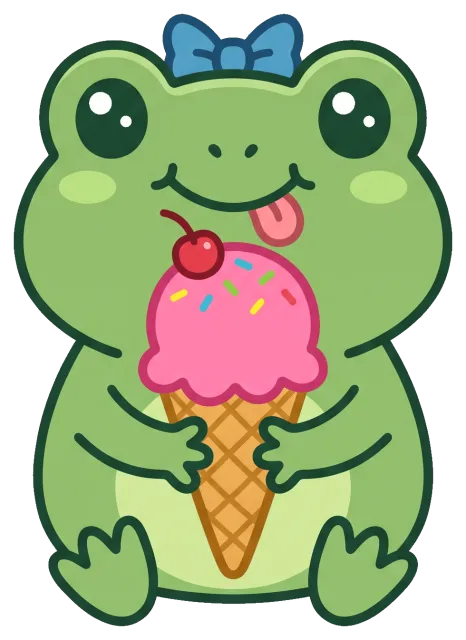 Cute frog with blue bow holding pink ice cream cone