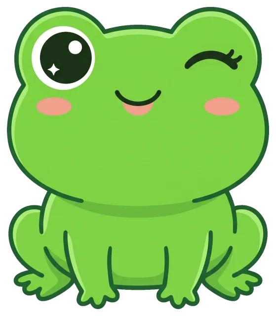 Cute winking green frog cartoon with big eyes and blush