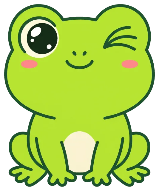 Cute winking green frog with pink cheeks
