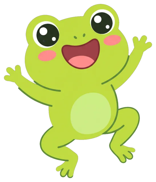 Happy cartoon frog with big eyes and raised arms