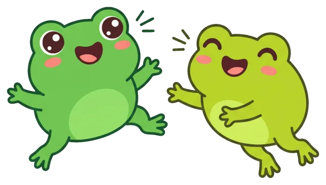 Two happy cartoon frogs jumping and laughing together
