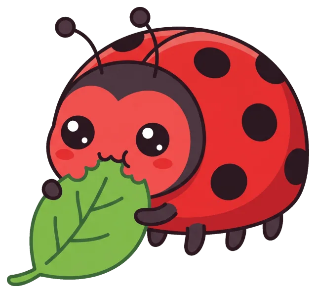 Cute cartoon ladybug eating a green leaf