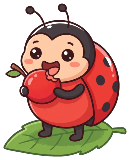 Cute cartoon ladybug holding and eating a red apple on a leaf