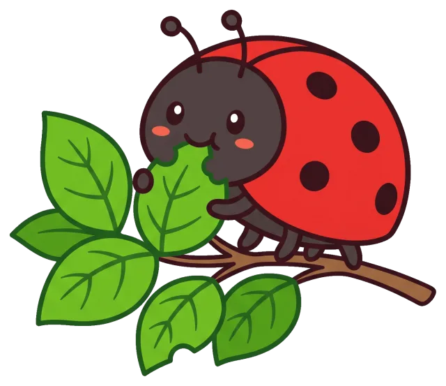 Cute ladybug eating a green leaf on a branch