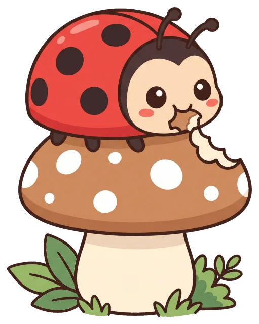 Cute ladybug eating mushroom in cartoon style