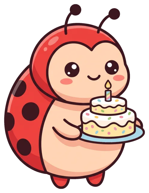Cute ladybug holding a birthday cake with one candle