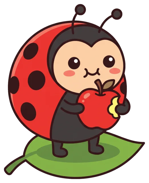 Cute ladybug holding a bitten red apple on a green leaf