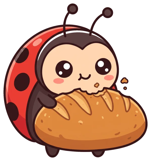 Cute ladybug holding and eating a loaf of bread