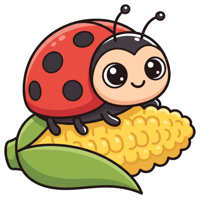 Cute ladybug sitting on a corn cob with green husk