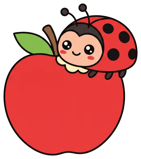 Cute ladybug sitting on a red apple with green leaf