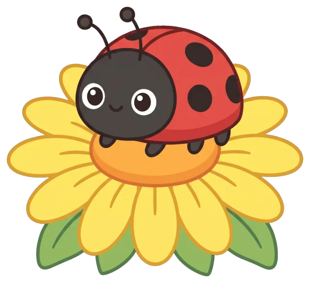 Cute ladybug sitting on a yellow flower cartoon