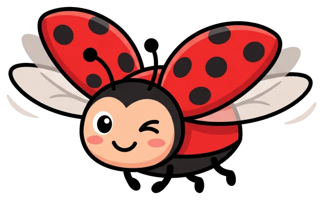 Cute winking ladybug with open wings flying