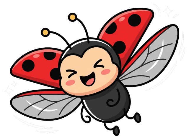 Happy cartoon ladybug flying with open red wings