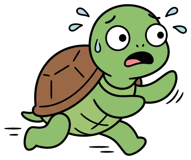 Cartoon turtle running with worried expression and sweat drops
