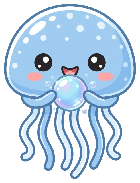 Cute blue jellyfish holding a shiny bubble