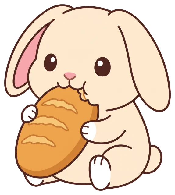 Cute bunny eating a loaf of bread