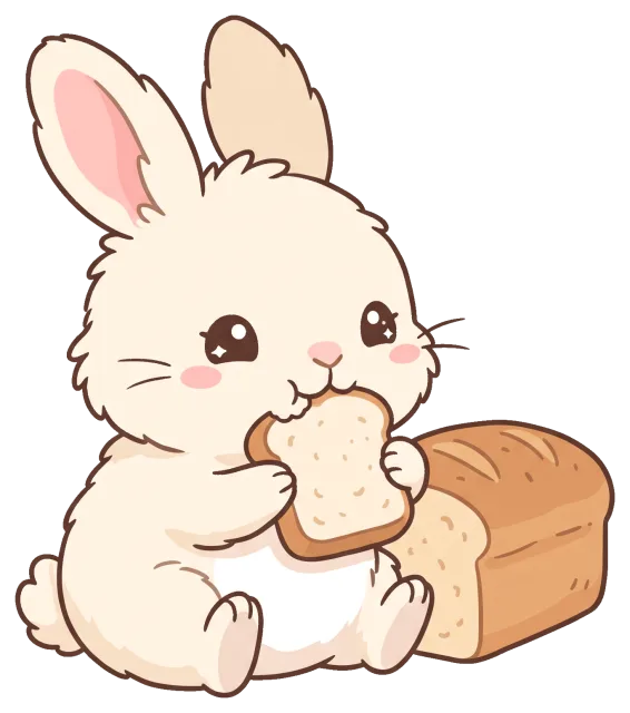Cute bunny eating a slice of bread with a loaf
