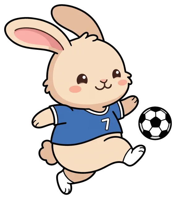 Cute bunny playing soccer wearing blue jersey