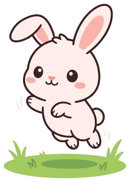 Cute cartoon bunny jumping over grass patch