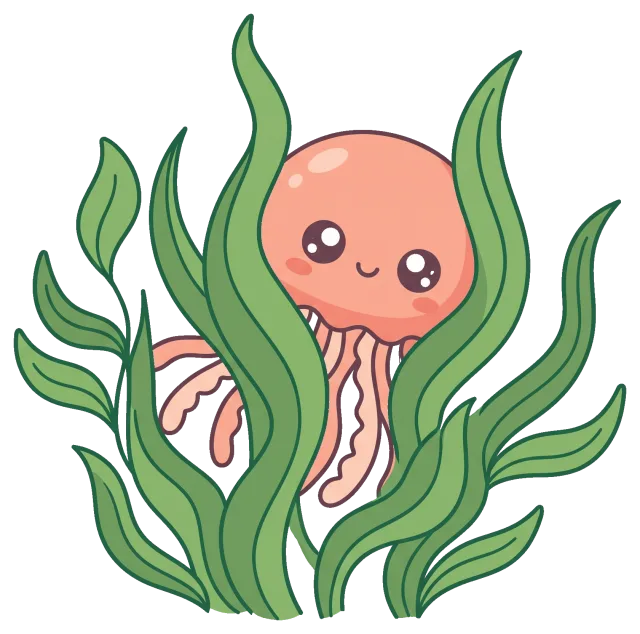 Cute cartoon jellyfish hiding in seaweed