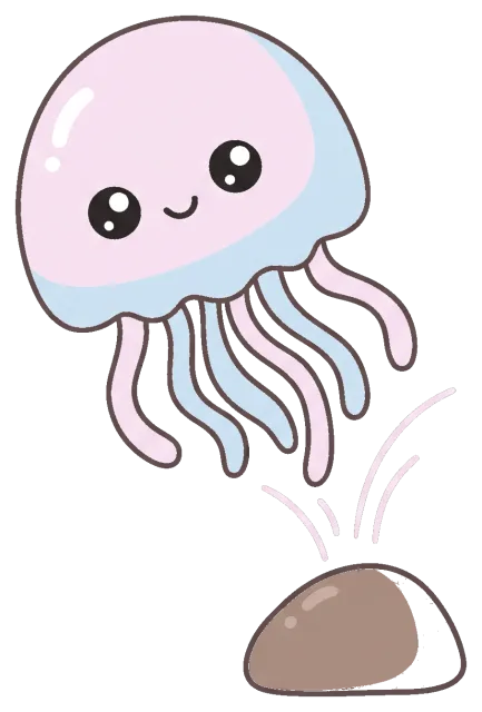 Cute cartoon jellyfish with smiling face near rock