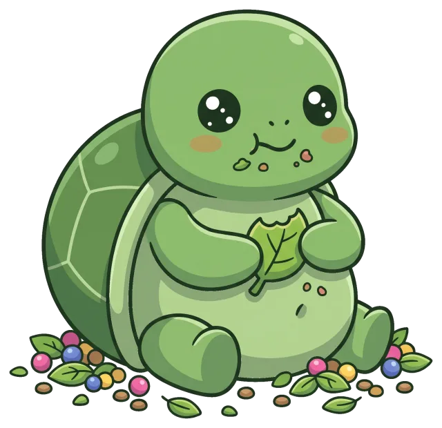 Cute cartoon turtle eating a leaf surrounded by colorful berries
