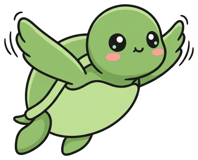 Cute cartoon turtle flying with happy expression