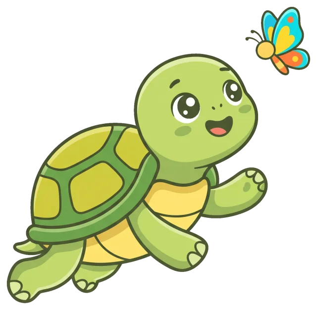 Cute cartoon turtle looking at colorful butterfly