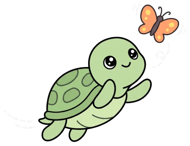 Cute cartoon turtle reaching for orange butterfly