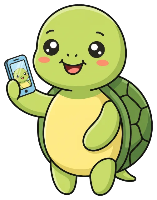 Cute cartoon turtle taking a selfie with smartphone