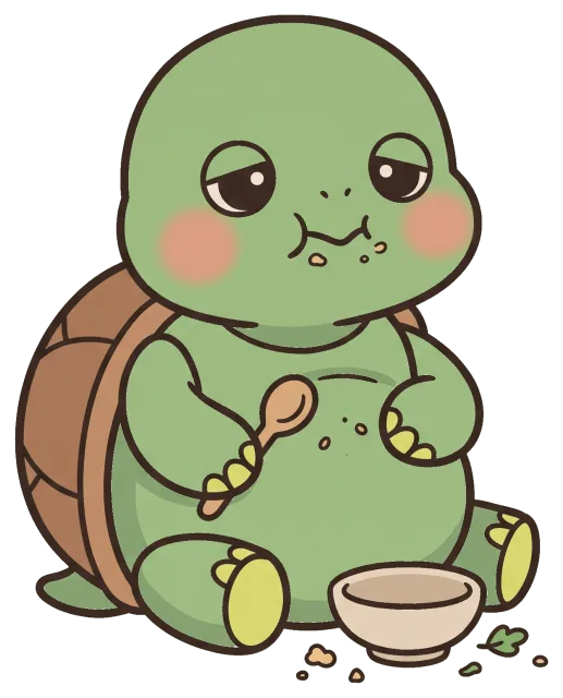 Cute chubby turtle eating with spoon and bowl