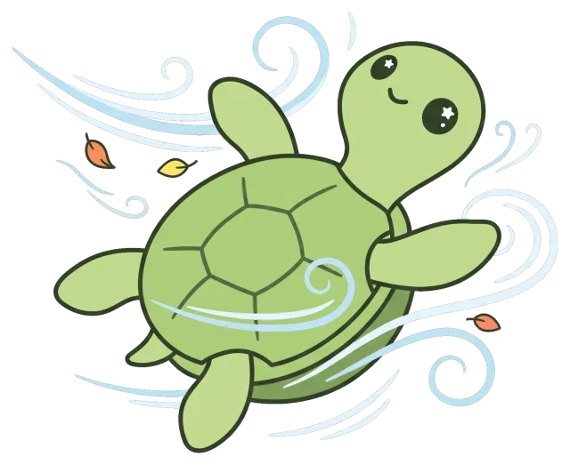 Cute green turtle swimming with wind and leaves