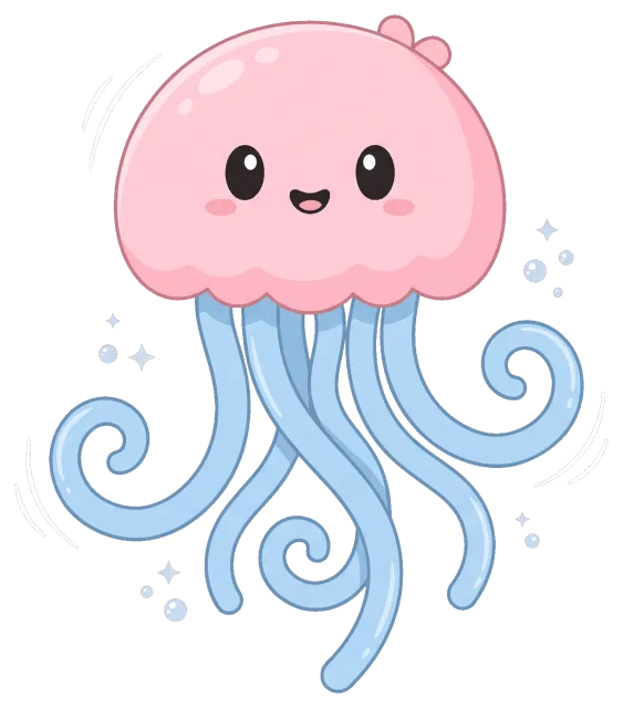 Cute happy pink jellyfish with blue tentacles