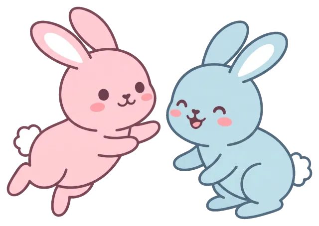 Cute pink and blue cartoon rabbits playing together