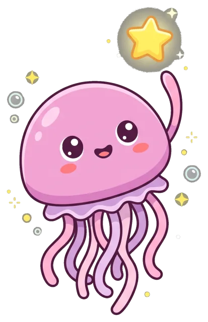 Cute pink jellyfish reaching for a glowing star