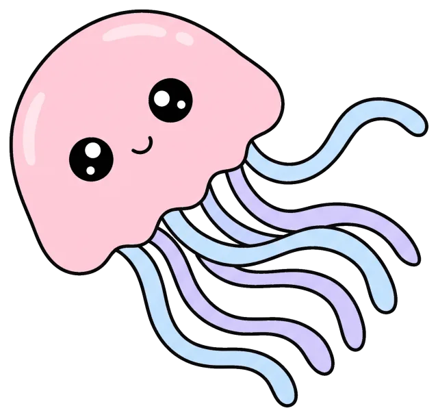 Cute pink jellyfish with big eyes and smiling face